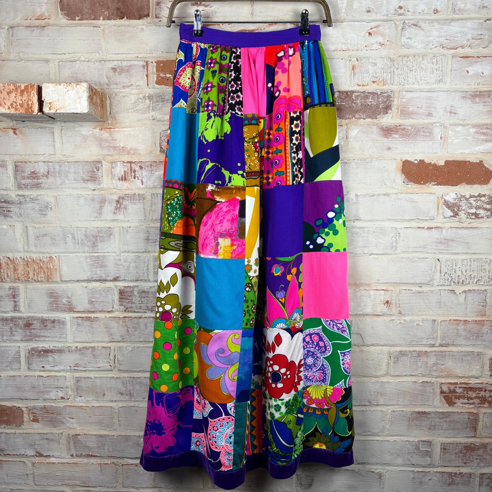 Vintage 1970s Psychedelic Patchwork Maxi Skirt Handmade Velvet Hem Xs/S Boho